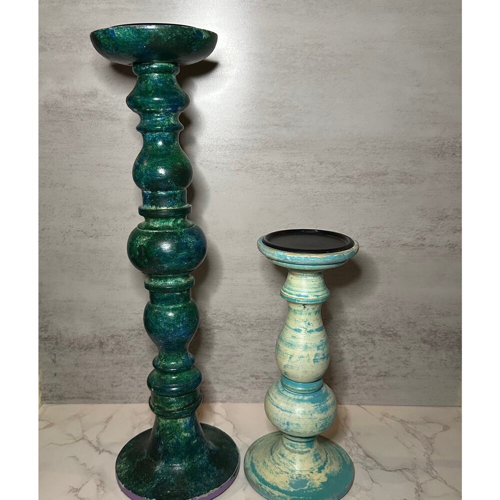 Wooden Green (17 3/4 In) And Light Blue ( 10 1/2 In) Distressed Candle Holders